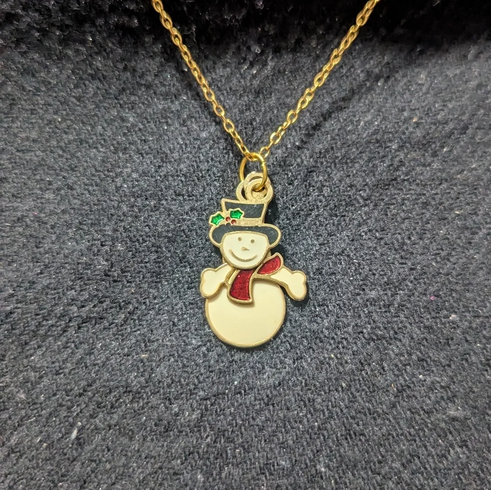 Vintage Gold Tone White Enamel Snowman Wiggle Pendant Statement Necklace